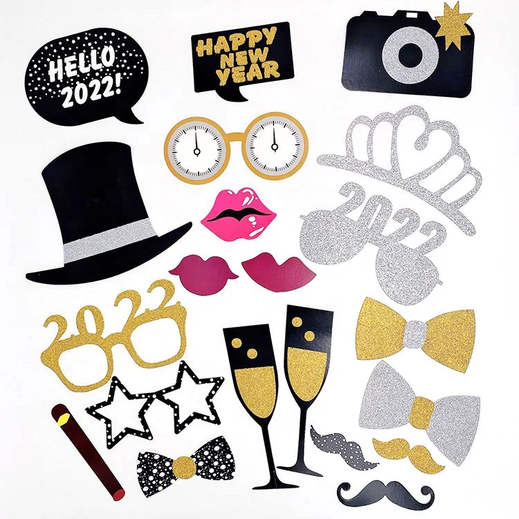 
2022 21pcs Gold Glitter Happy New Year party photo booth props new year eve event props 