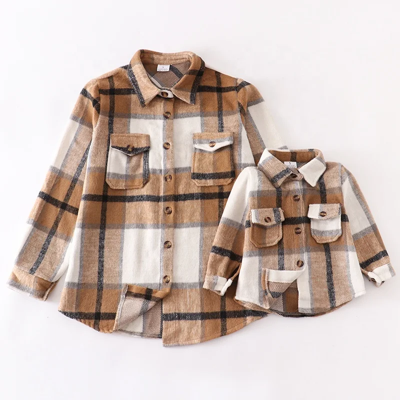 Girlymax Winter Fall Preppy Style Thick Flannel Brown Classic Plaid Shirt Mommy and Me Long Sleeve Shirt