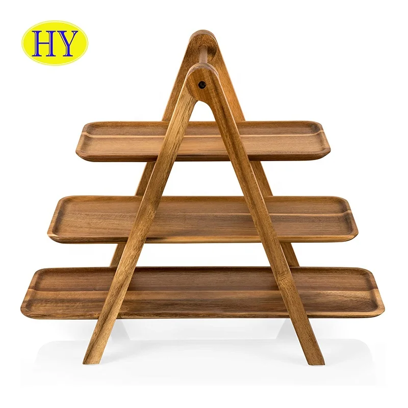 Custom rustic acacia wood serving trays Unfinished 3 Tier snack breakfast dessert rectangular Wooden Ladder Tray With Handle