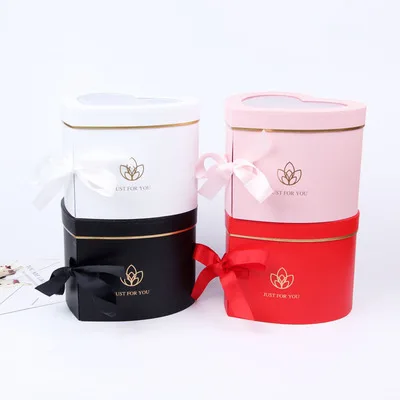 Hot Stamping Gold Logo Heart Shaped Flower Gift Box with Clear Window Black White Pink Red Custom Logo I Love You Flower Box