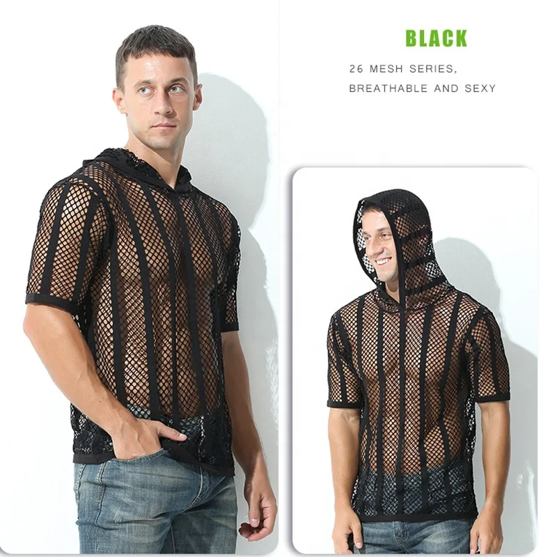 Mens Button Up Shirts Transparent Crochet Lace Blouse Knit See Through Hooded Tee Fishnet Top Black Hoodie White Shirt