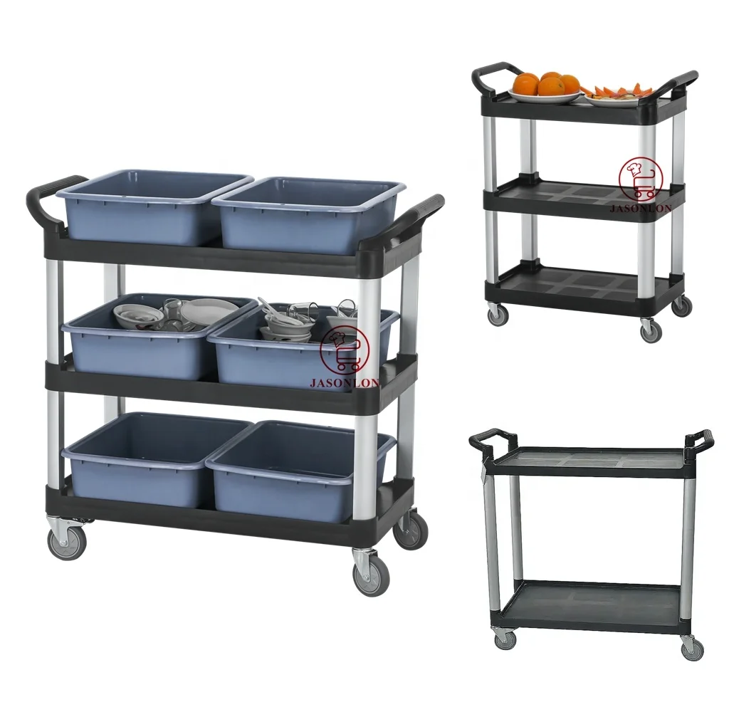 Factory prices hotel restaurant kitchen equipment 3 tier plastic service cart food trolley For black /gray food Serving Trolley