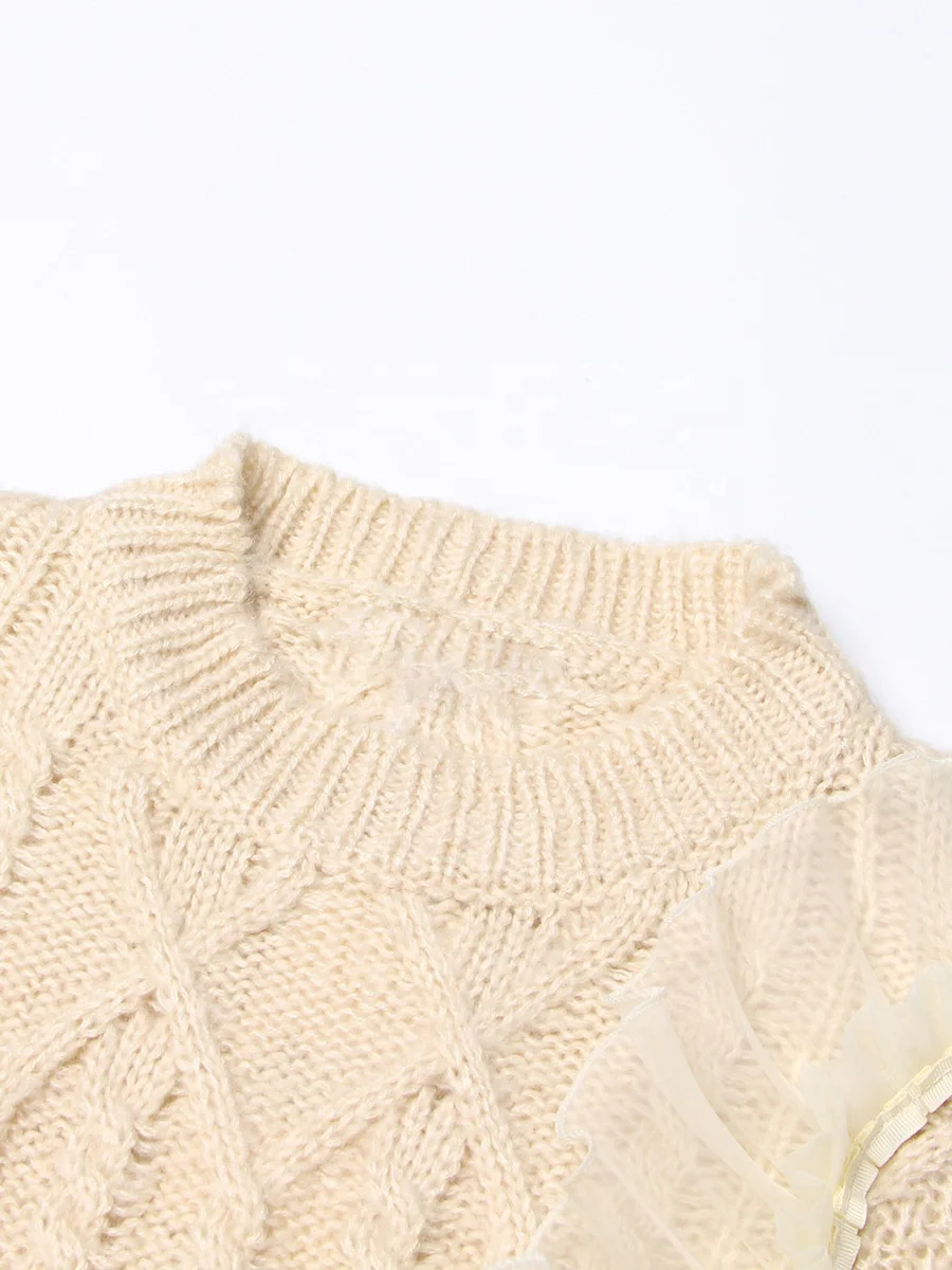 OUDINA New Fashionable Design Splicing Gauze Long Sleeve Casual Pullover Solid Color Sweater For Women