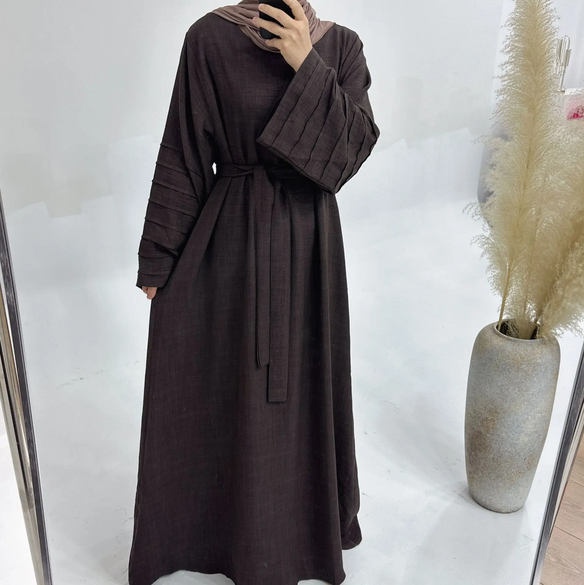 clothing manufacturer Custom Muslim women 2pcs Abaya set Plain Polyester long dress kimono Cardigan Islamic Clothing
