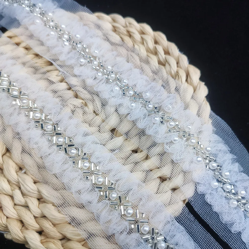 wholesale 3D embroidery tulle lace trimming with beads white sewing Lace ribbon for Bridal wedding dresses Evening Gown clothing