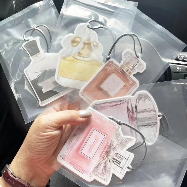 Custom high quality perfume bottle shape paper card clean the smell cute design car air fresheners