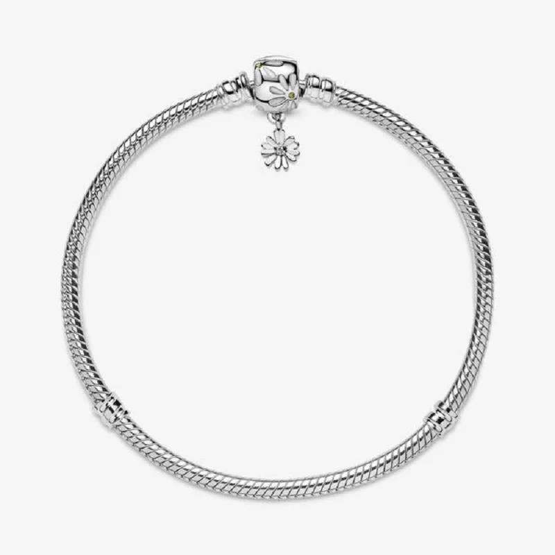 White Enamel Daisy Flower Barrel Clasp With Yellow Crystals and CZ Dangling Flower S925 Sterling Silver Snake Chain Bracelet