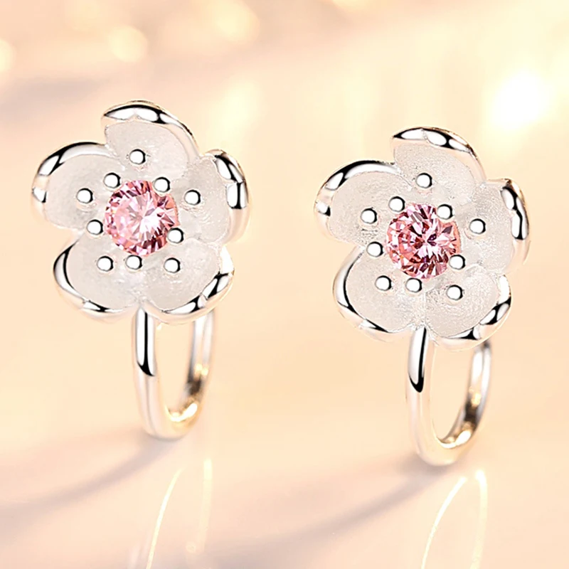 New Elegant Flower Shape Crystal CZ Clip on Earrings Without Piercing Temperament Cherry Blossoms Ear Cuff Cute No Hole Jewelry