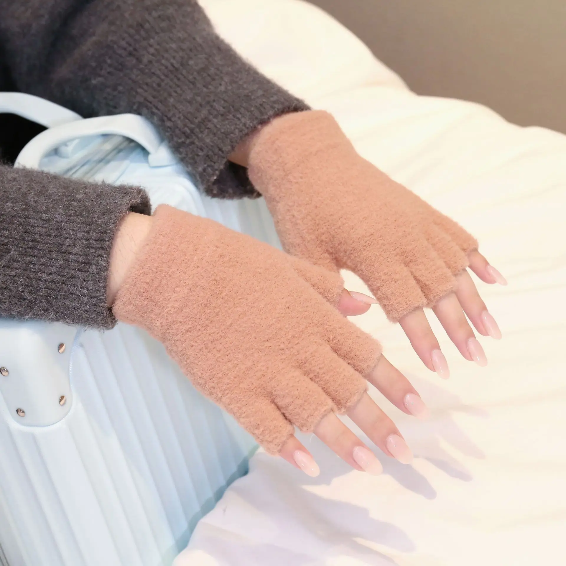 Women Men Half Finger Winter Mink Cashmere Gloves Touch Screen Writing Woolen Warm Mittens For Driving Outdoor Sports