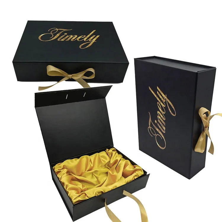 Popular paper satin gift box packaging custom weave hair boxes black folding magnetic wig packaging boxes luxury