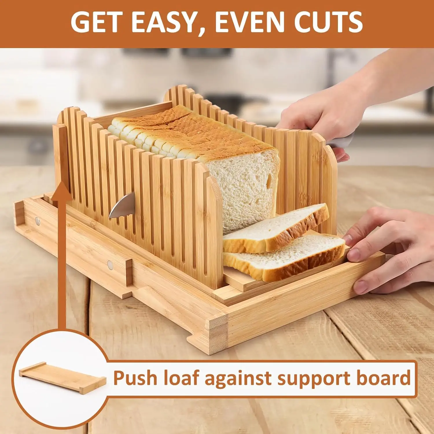 Bamboo Bread Slicer for Homemade Bread, Foldable Adjustable Slicing width Bread Slicing Guides, Makes Cutting Bagels