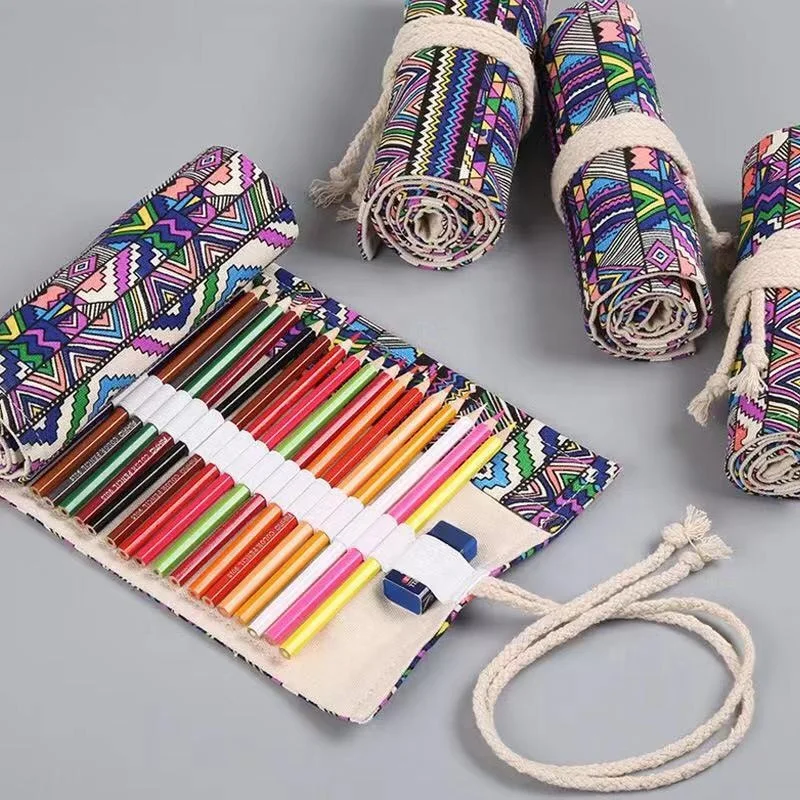 12 to 72 Holes Handmade Wrap Canvas Pencil Pen Bag Multi-color Painting roller Up pencil Case Paint brush bag