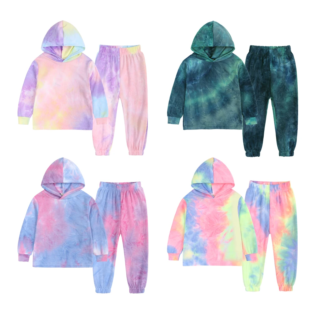 children clothes 1-8 Years Girls Casual Outfits Tie Dye Two Piece Tie Dye Cotton Hoodie Kids Clothing Set