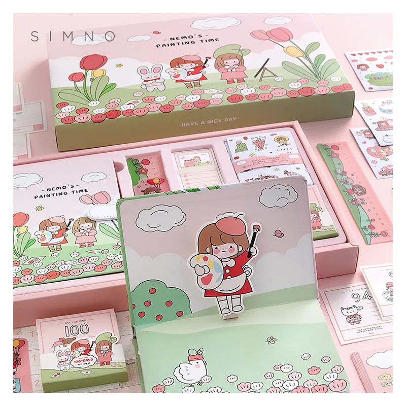 Simno Custom Cartoon Design Scrapbooking DIY Supplies Magnetic Notebook Gift Set with Sticker Tape Memo Ruler