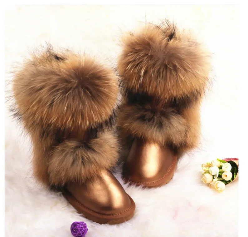 Plus Size Real Racoon Fur Collar Boots Winter Warm Casual Women Shoes Furry Genuine Sheepskin Leather Snow Women Winter Boots