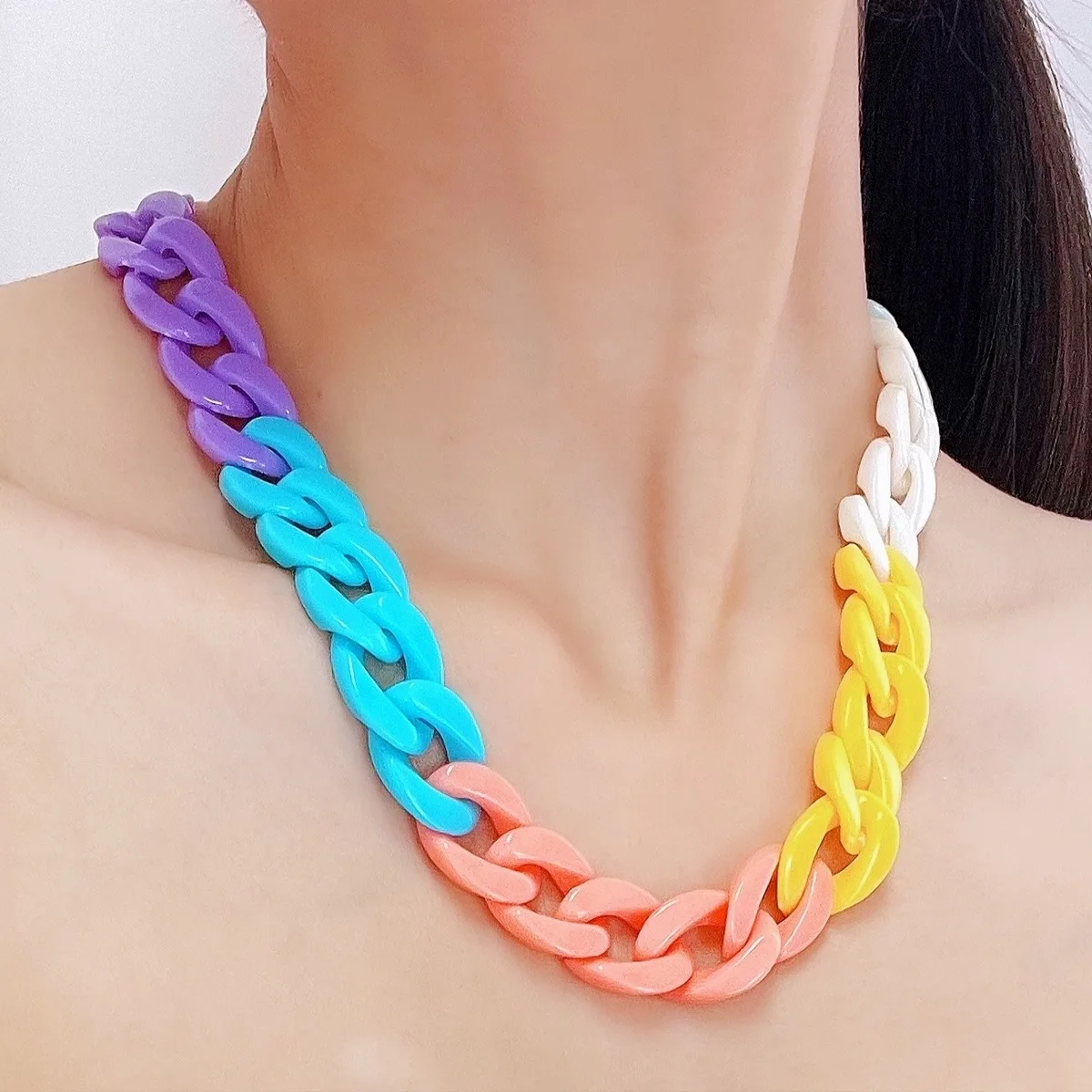 JUHU 2022 color acrylic necklace women metal rock punk thick fashion chain necklace hip hop style jewelry wholesale