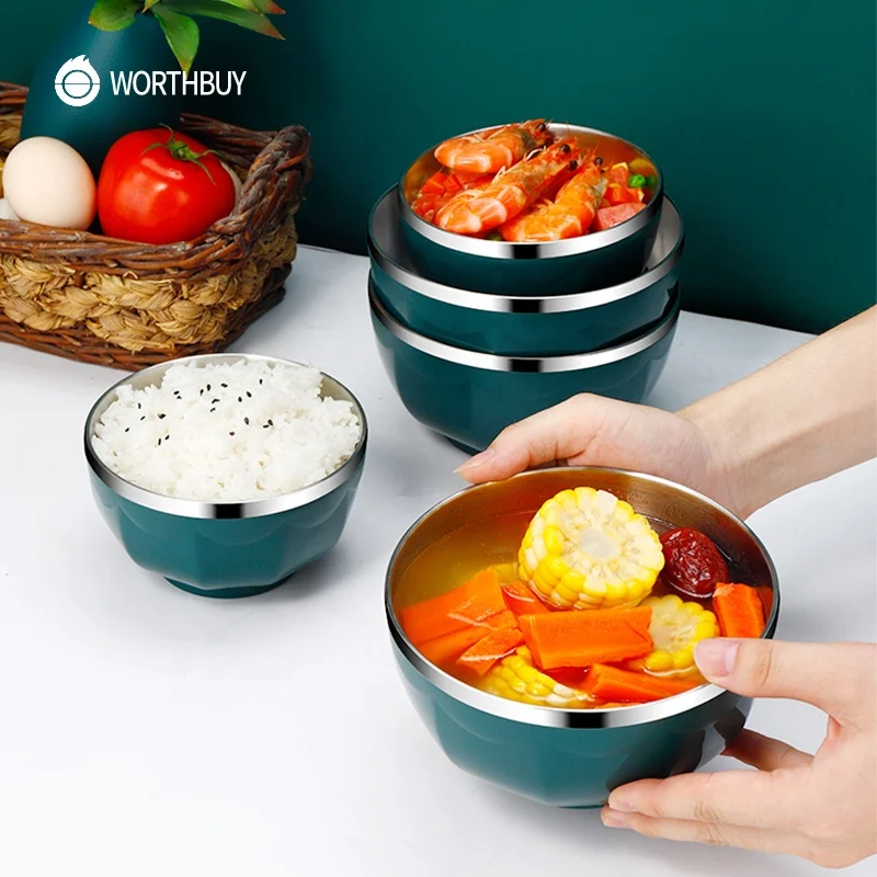 WORTHBUY Reusable 304 Stainless Steel Rice Bowl Kitchen Fruit Food Container Soup Snack Bowl For Kids