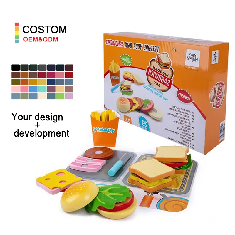 Wooden Play Food for Kids Pretend Hamburger Salads BBQ Set Fast Food Toy Play Kitchen Accessories for Toddlers Toy Food Gift for