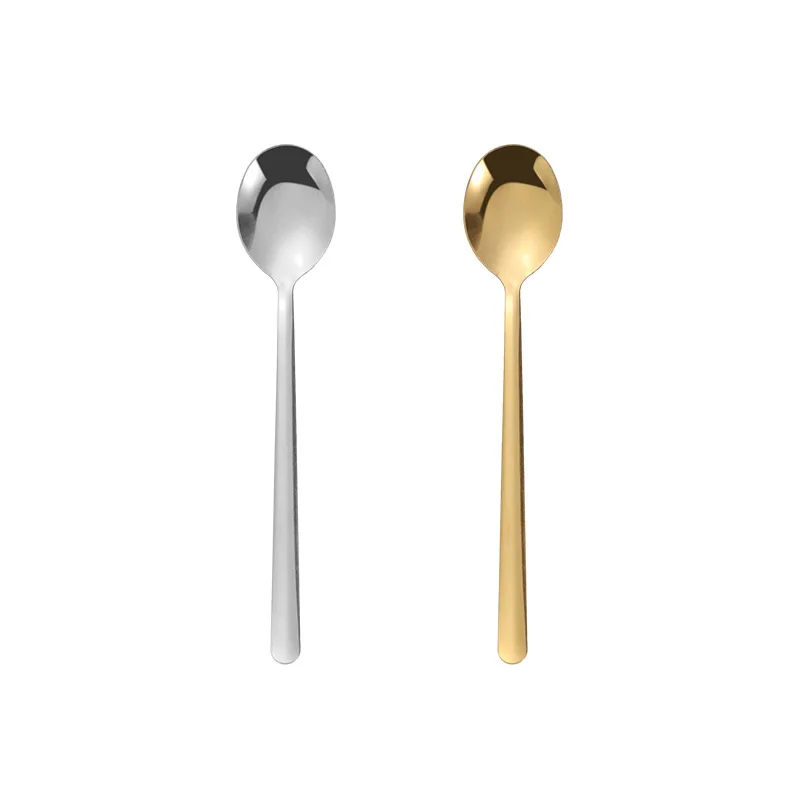 Stainless Steel Korean Style Small round Spoon Coffee Milk Tea Stir Small Spoon Ice Cream Dessert Spoon Long Handle Golden