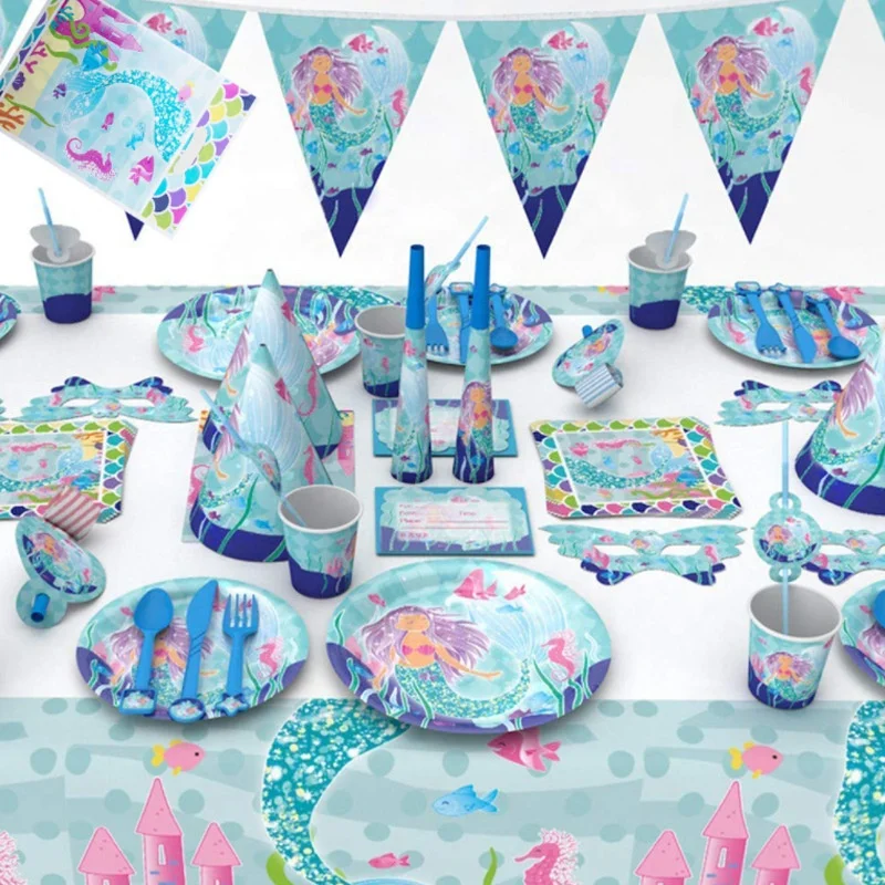 Birthday Party Decorations Supplies baby happy birthday party decoration set paper plate and  tablecloth mermaid theme