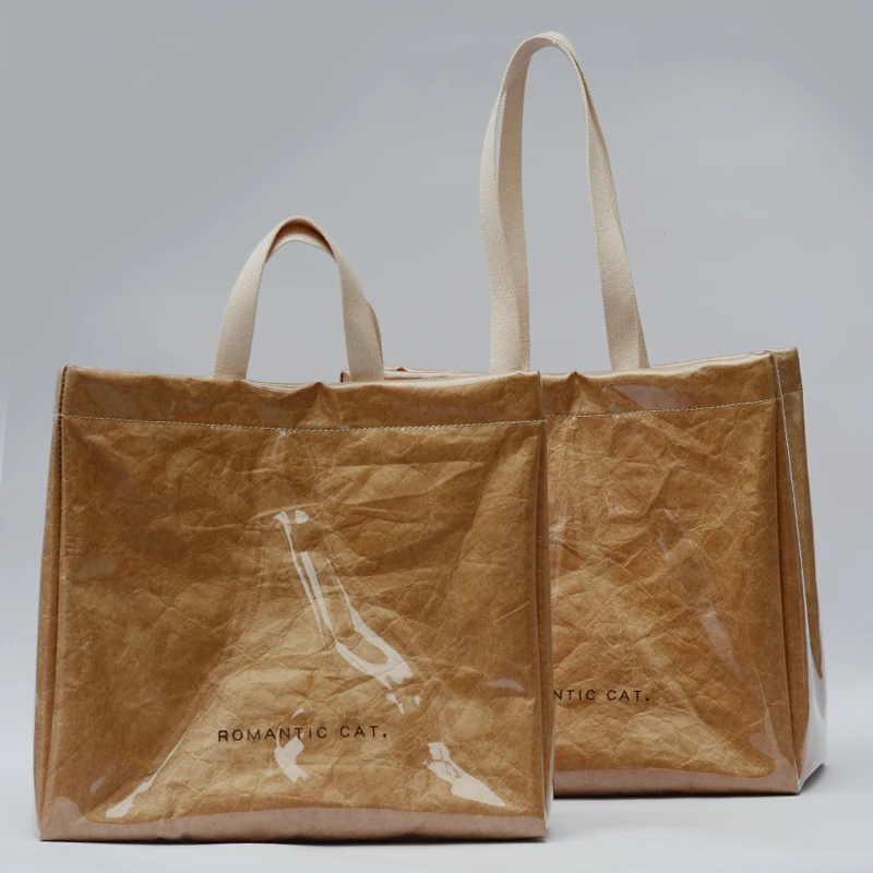 custom logo letter printed kraft paper lining with pvc cover tote waterproof eco reusable tyvek paper shopping tote bags