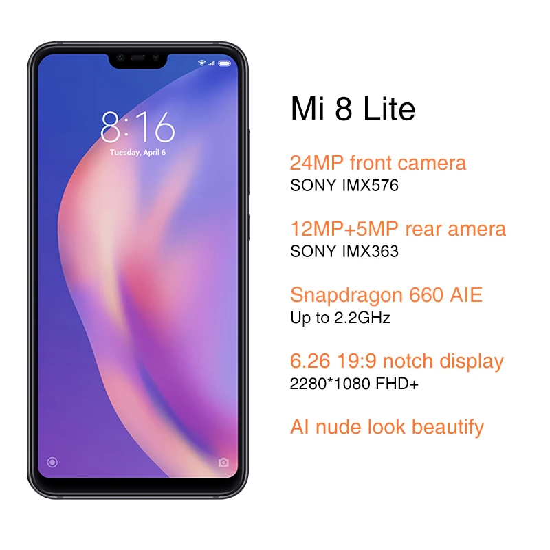 
Global Version Original Xiaomi Mi 8 Lite 6GB 128GB Snapdragon 660 6.26