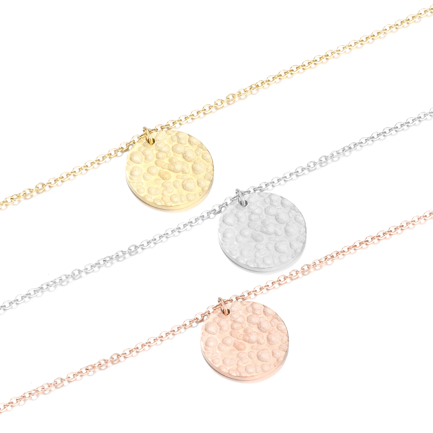 e-Manco Minimalist Round Hammered Custom Pendant Stainless Steel Necklace Sublimation Blank Laser Engraving Jewelry for Women