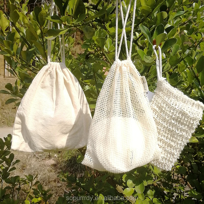 Sopurrrdy eco friendly reusable rice vegetable and fruit drawstring organic cotton muslin produce bag