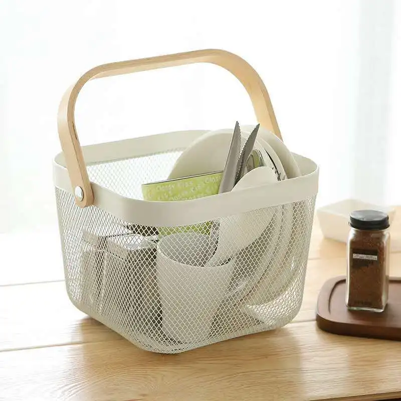 Kitchen Bathroom Pantry Cabinets Home Decor Mesh Steel Storage Organizer Basket Bin with Wood Handle