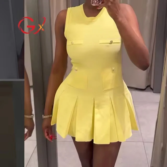 GX9025 Fashion 2024 Summer Sleeveless Knitted Pleated Mini Dress Sexy Elegant Party O-neck Yellow Color Evening Dresses