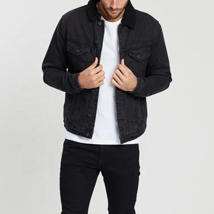 Men Black Custom Button Up Winter Warm Sherpa Fleece Denim Jacket