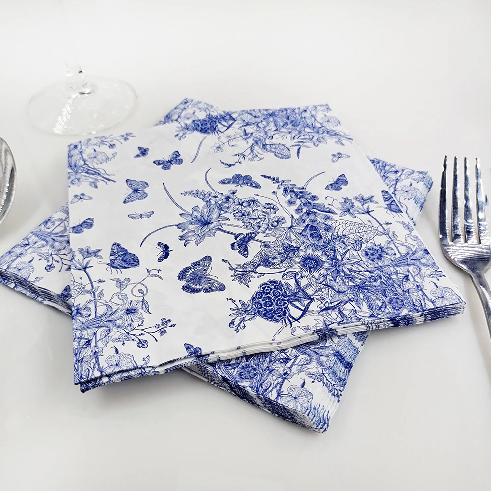 Wholesale printed tissue paper disposable napkins 33*33 CM blue butterfly pattern paper napkin high grad table napkin