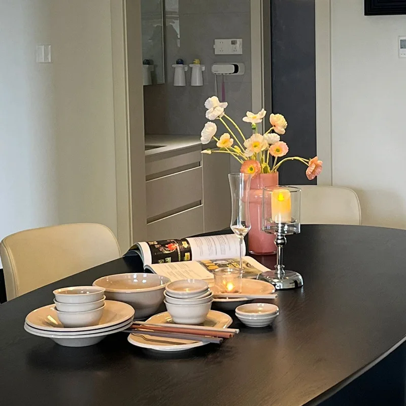 Nordic black solid wood dining table antique style quiet wind small household oval dining table natural wood negotiation table