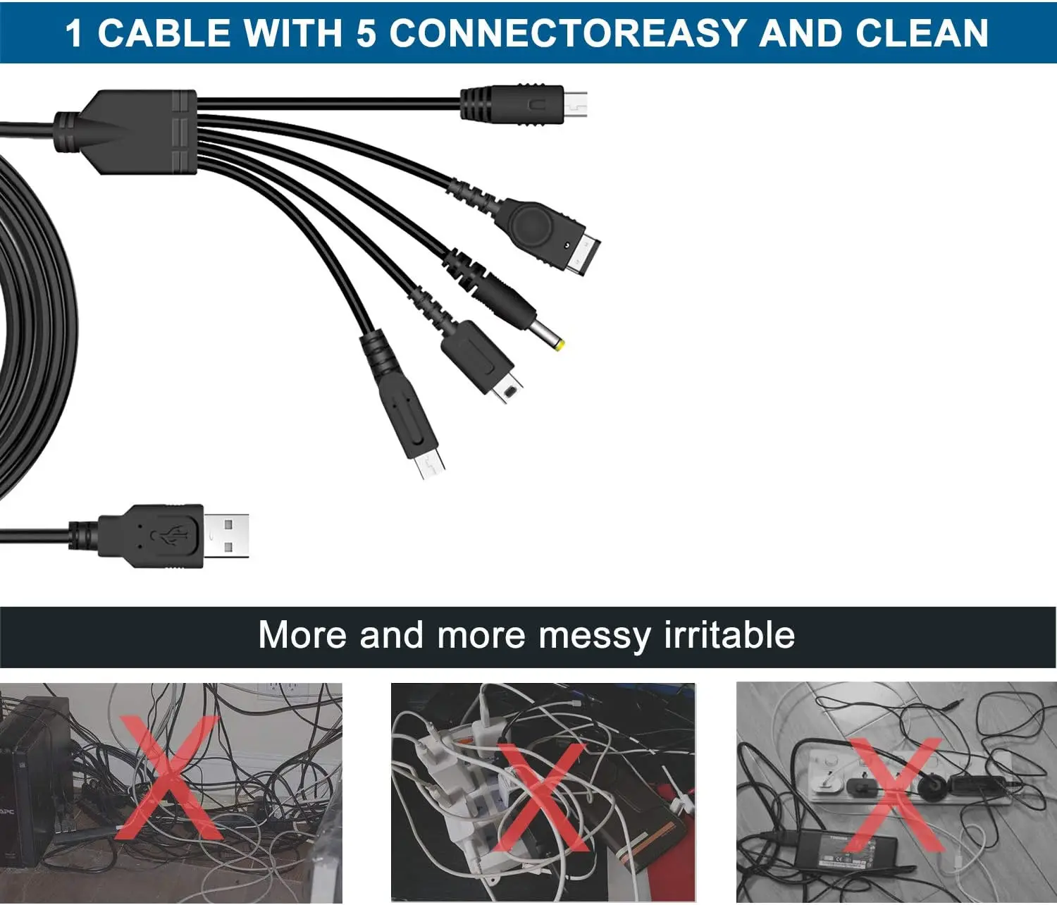 Yiscaxia For Wii U/ NEW 3DSXL/NEW 3DS/NDS LITE SP/PSP 5 in 1 Charging Cable