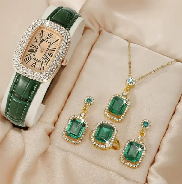 Y51 trending products 2024 new arrivals Luxury full rhinestone square montres de luxe green 4pcs/set quartz watch women