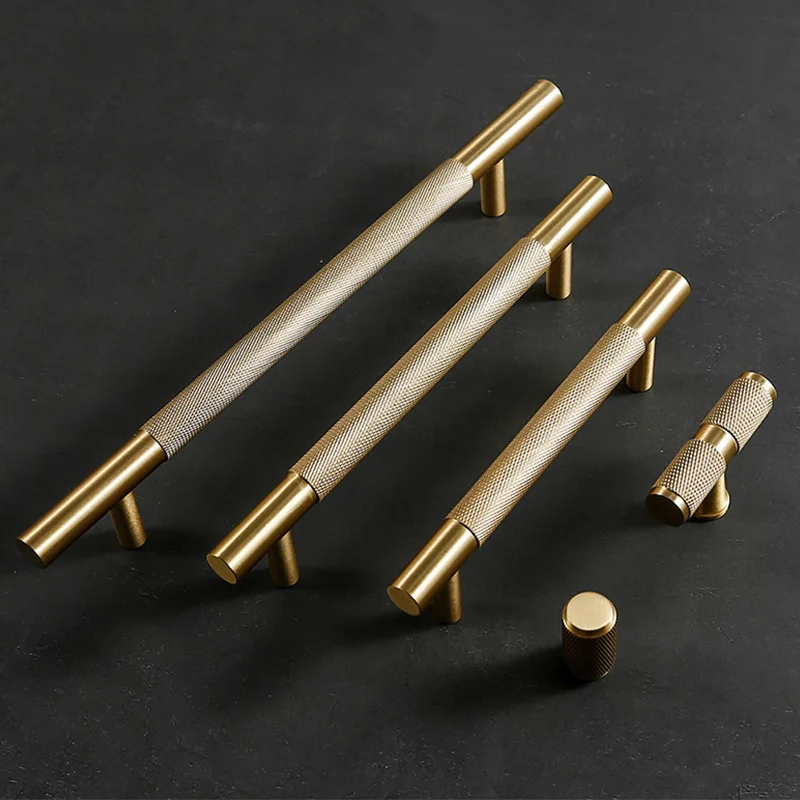 Solid Brass Furniture Door Handles Knurled Kitchen Door Pull Satin Brass T Bar Cabinet Handle