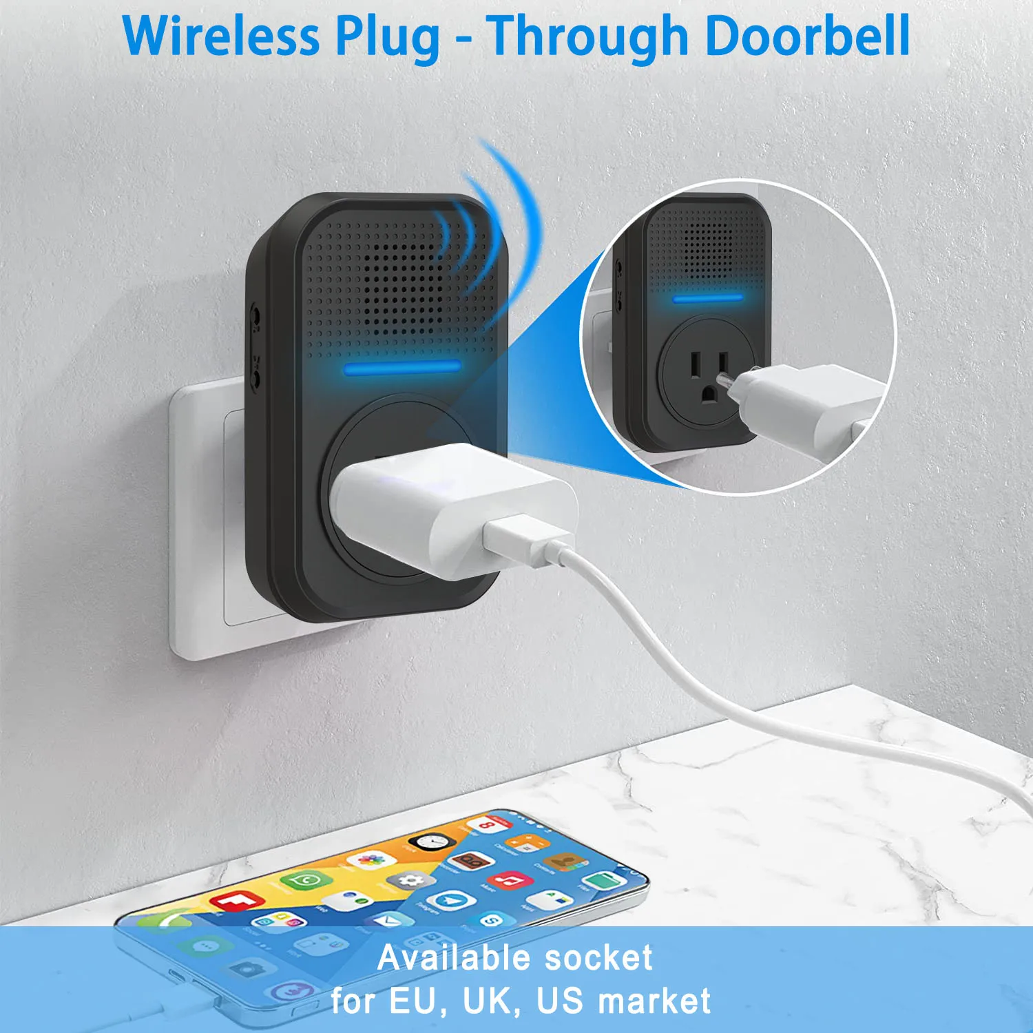 Wireless Plug Through Doorbell with Additional Socket with kinetic battery free bell push button no need battery