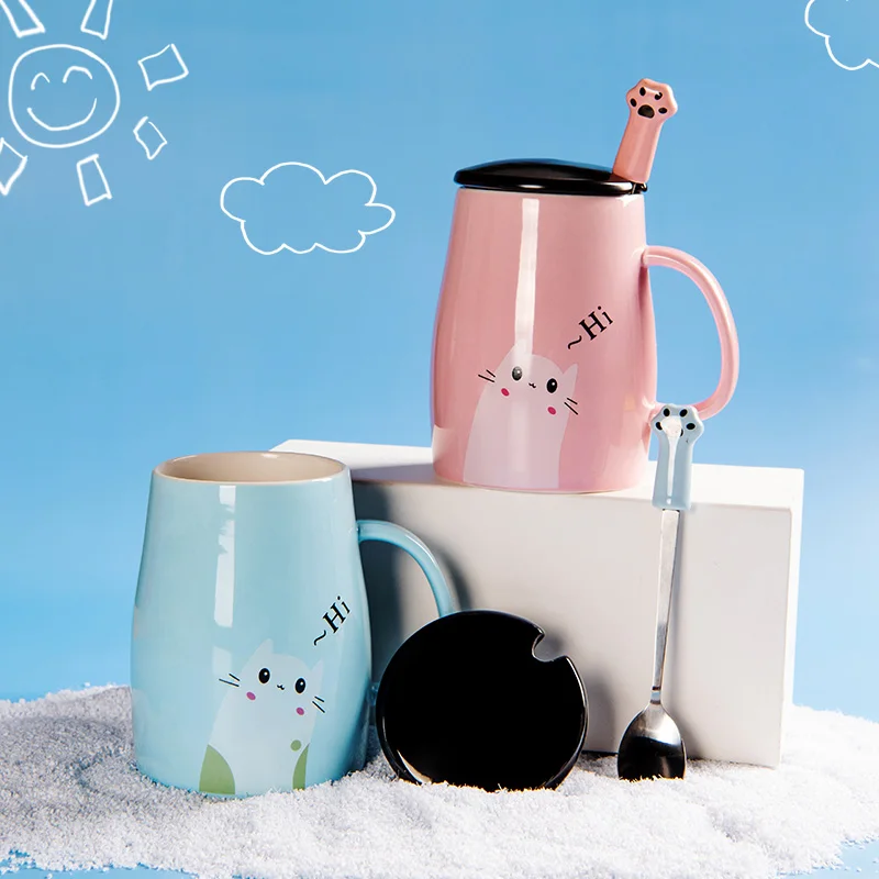 Zogift Cute Cat Style Ceramic Mugs Lid Spoon Cartoon Creative Morning Mug Milk Coffee Tea Unique Porcelain Coffee Mugs