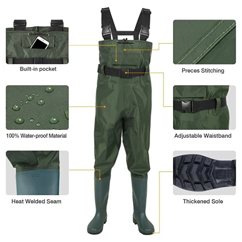 wholesale outdoor camping hunting waterproof pvc chest suit fishing wader with boot