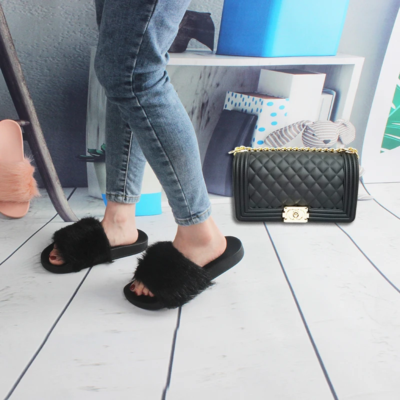 Black Slides Custom Sandals Purses And Sets Lady Crossbody Bag Women Faux Fur Slippers