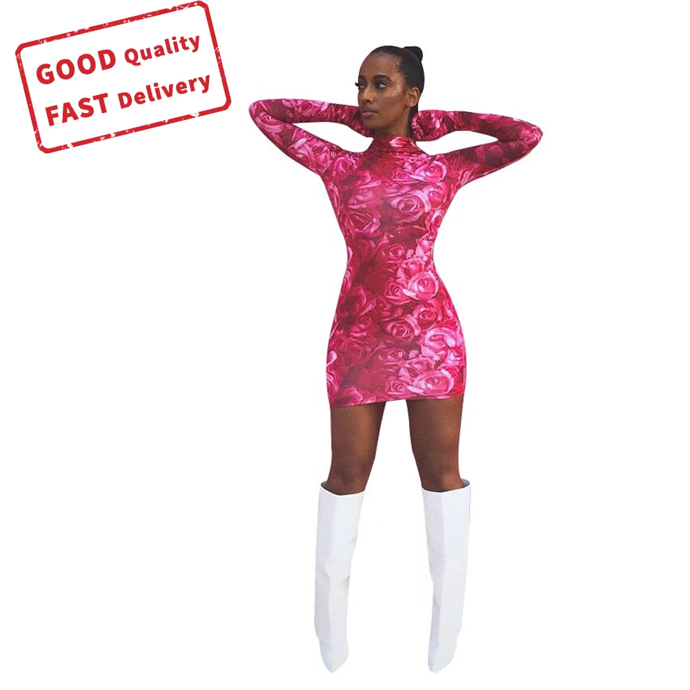 
GQ0023 dresses 2020 printed stand collar long sleeves bag hip bodycon dress women sexy club dresses 