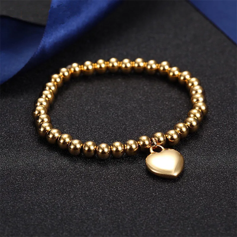 Wholesale Italian Design Ball Jewelry Silver Gold Color Stainless Steel Heart Beads Bracelet for Valentines Gift