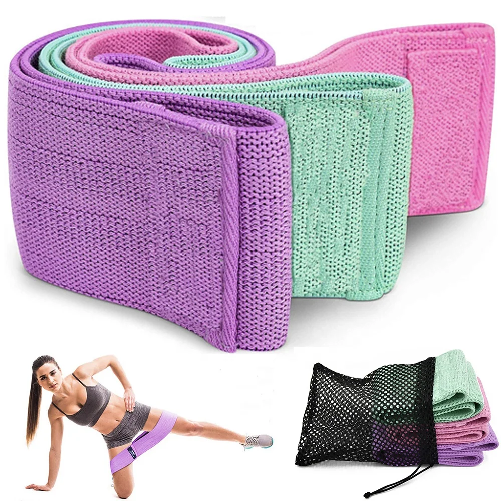 Low MOQ Wholesale Custom Printed Logo Workout Band Set of 3 Gym Elastic Glute Hip Fabric Resistance Band with Carry Bag