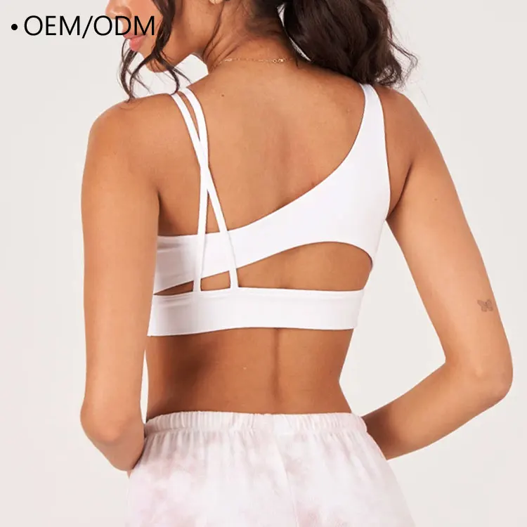 High Impact Customized Logo Printing Asymmetrical Cut Out Back Cross Strap Women Sports Yoga Fitness Bra