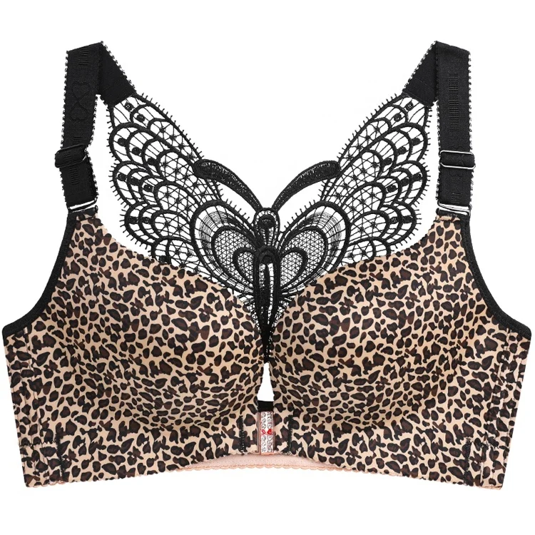 Women Front Closure Leopard Print breathable Comfort Seamless Push Up huge boob bras plus size embroidery bra