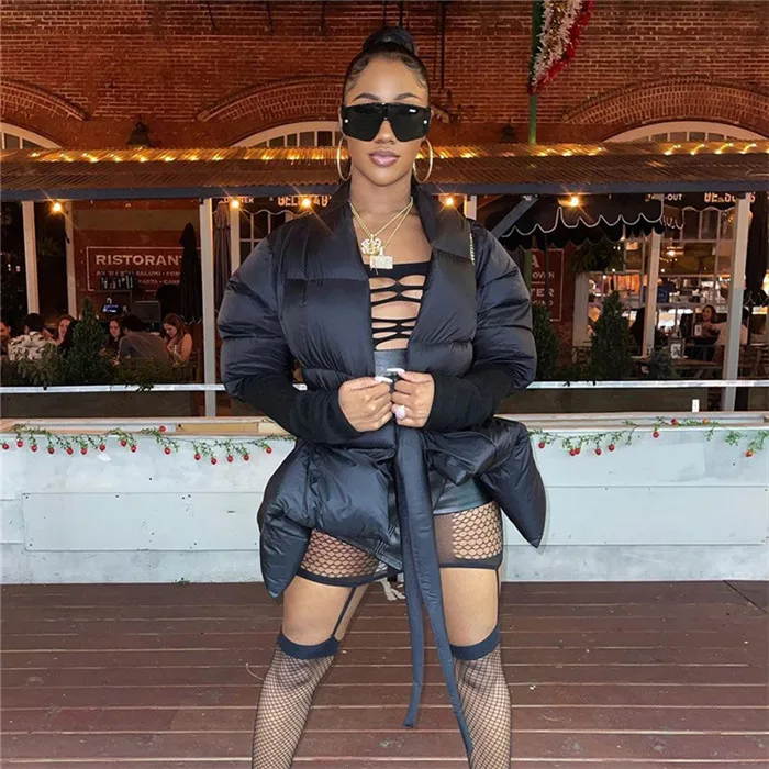 D7688-hot seller black winter keep warm coat fashion solid color sashes jackets womens bubble coat