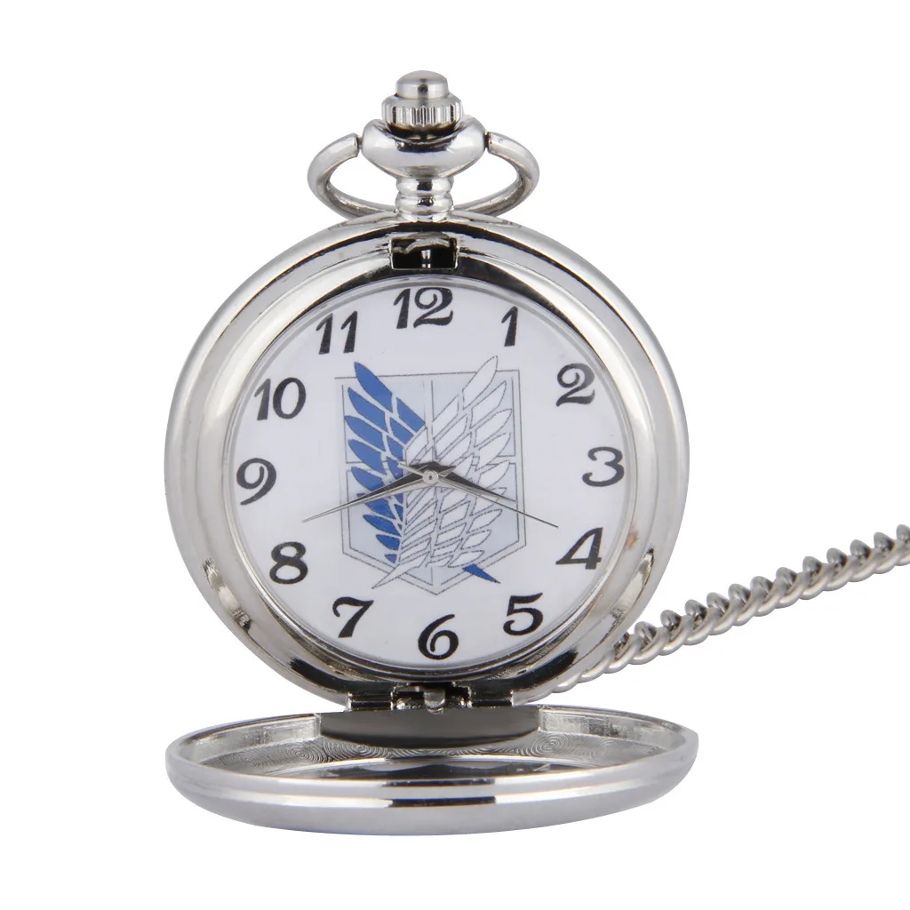 Retro Anime Hollow Pocket Watch Creative Wing Sliver Necklace Chain M,en Quartz Clock Attack On Titan Pocket Watch