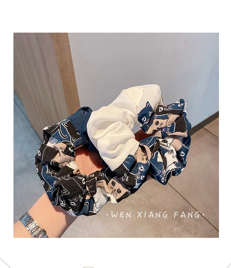 Wholesale Simple Cat Chiffon Silky Large Intestine Ring Hair Accessories Rope Girl Elastic Hair Ties Pleated Hair Scrunchies