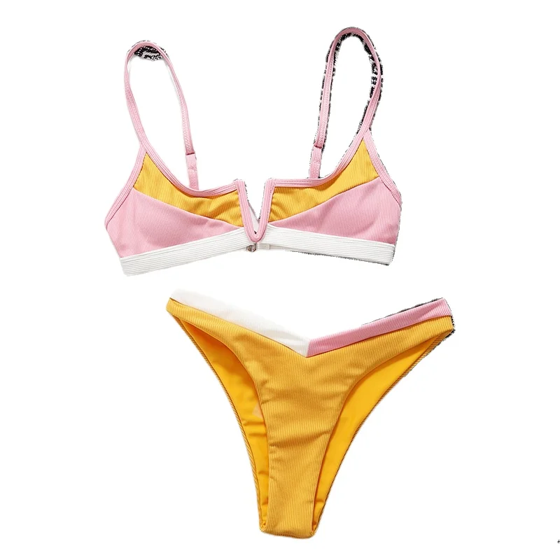 Ribbed Sexy Women Bikini Swimsuit 2 Piece Set Patchwork Beachwear Bathing Suit Girls Multicolour Thong Swimwear