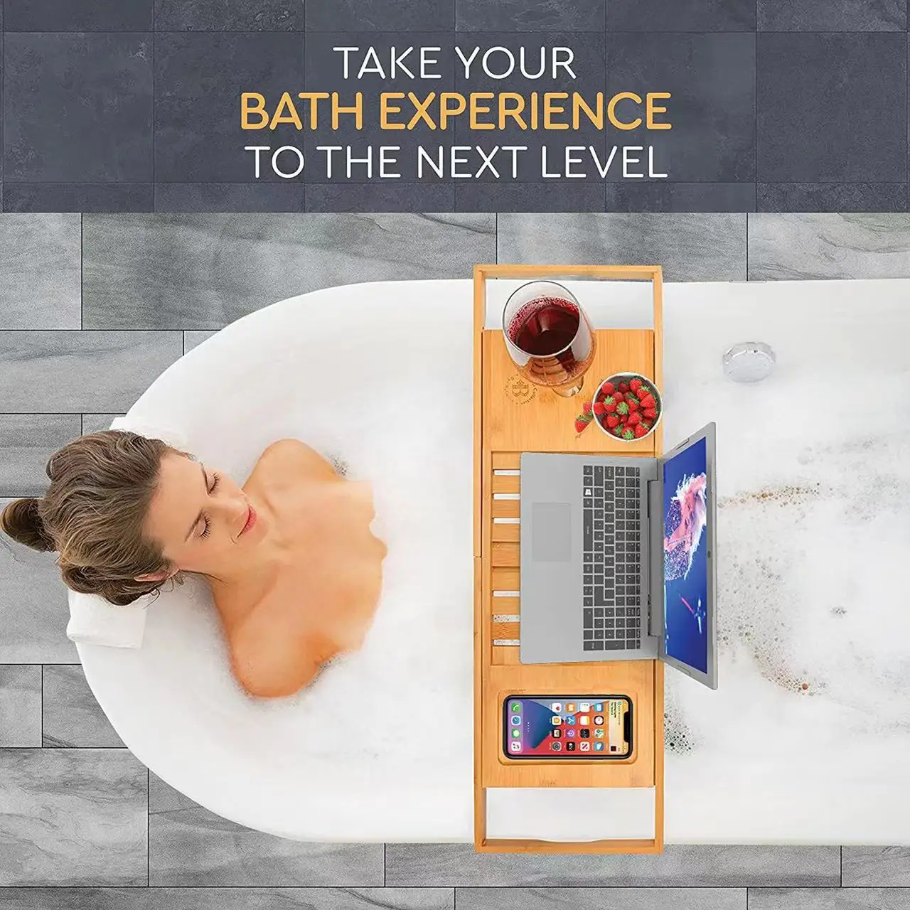 Bamboo Bath Tub Tray Bathroom Extendable Bridge with Holder for Candle Wine Glass Book Bathtub Rack Caddy Tray